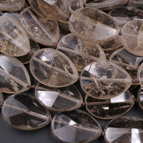 Natural Smoky Quartz Beads Large Hand Faceted Teardrop Matte Edges Sparkling Real Natural Quartz High Quality Gemstone 16" Strand