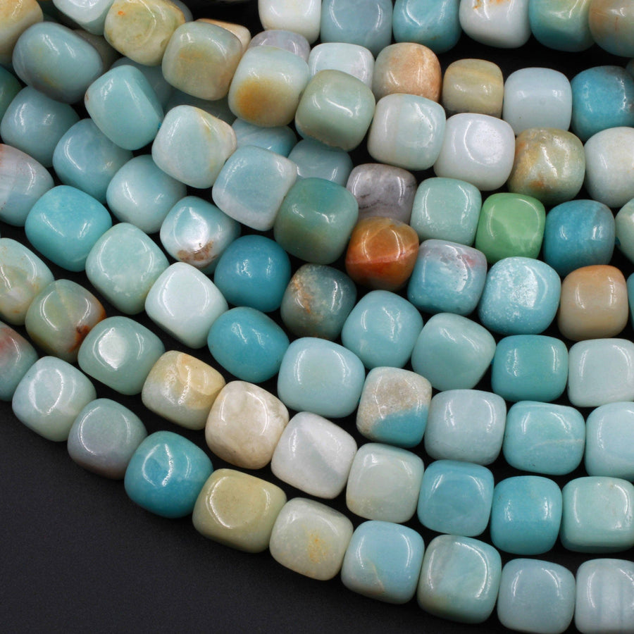 Multicolor Amazonite Cube Dice Beads Smooth Rounded Nugget Sea Blue Green Gemstone 16" Strand