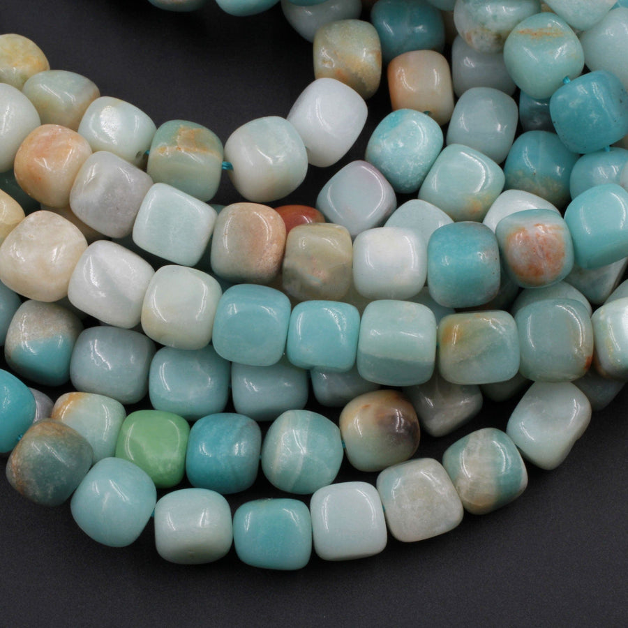 Multicolor Amazonite Cube Dice Beads Smooth Rounded Nugget Sea Blue Green Gemstone 16" Strand