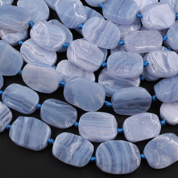 Large Natural Blue Lace Agate Beads Flat Freeform Rounded Rectangle Oval 16" Strand
