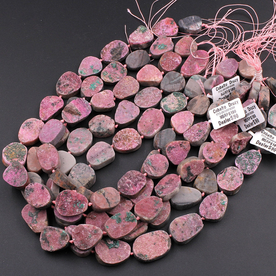 Natural Pink Cobalto Calcite Druzy Beads Green Malachite Crystal 16" Strand