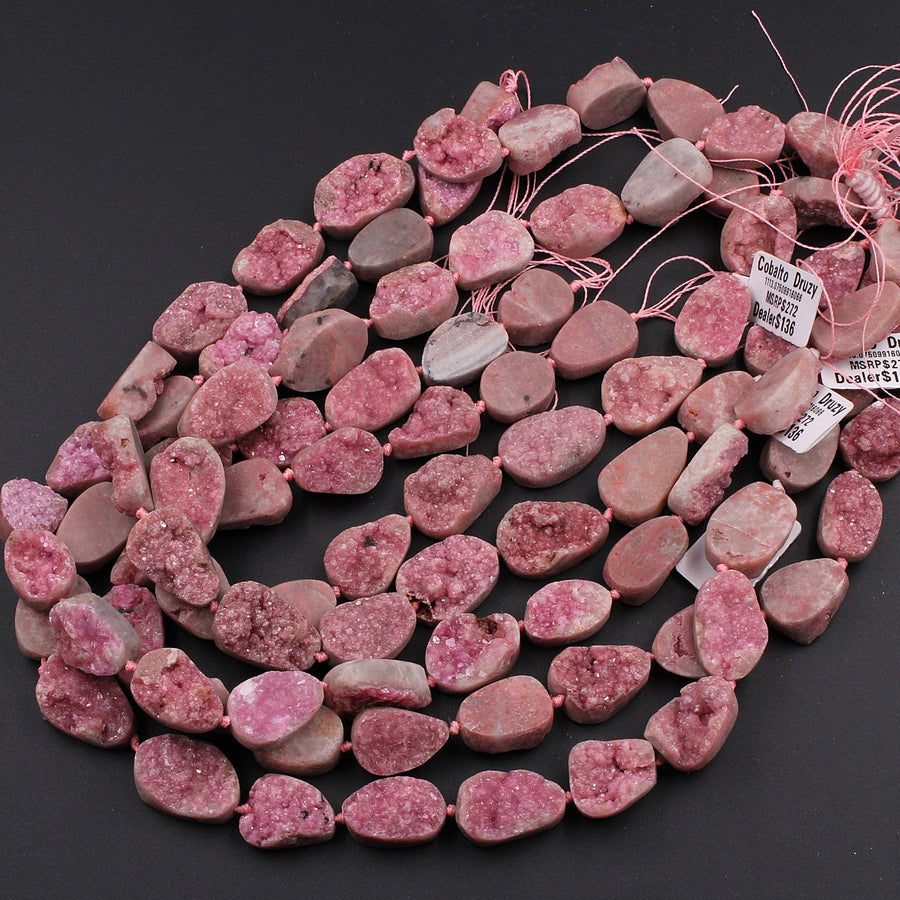 Natural Pink Cobalto Calcite Druzy Beads Freeform Oval Teardrop Nuggets 16" Strand