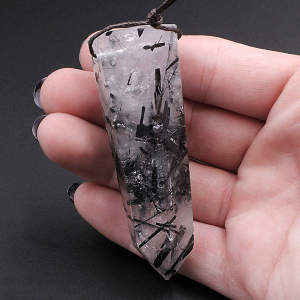 AAA Natural Black Tourmaline Rutilated Quartz Obelisk Point Pendant Side Drilled Crystal Tower A1