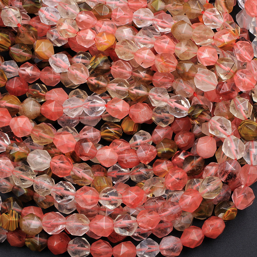 Star Cut Cherry Quartz Beads Faceted 6mm 8mm 10mm Rounded Nugget Sharp Facets 15" Strand