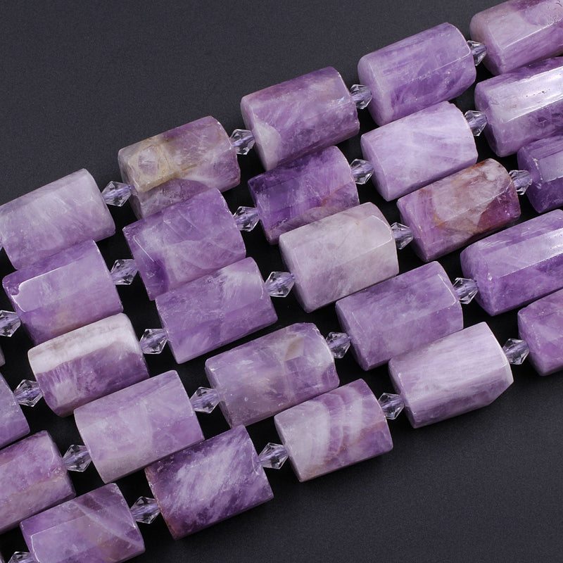 Large Faceted Natural Amethyst Tube Beads Soft Violet Purple Amethyst Gemstone Cylinder 16" Strand