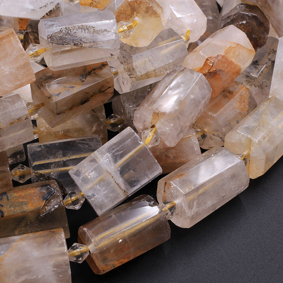 Faceted Dendritic Quartz Tube Beads Natural Golden Rock Crystal Thick Cylinder 16" Strand