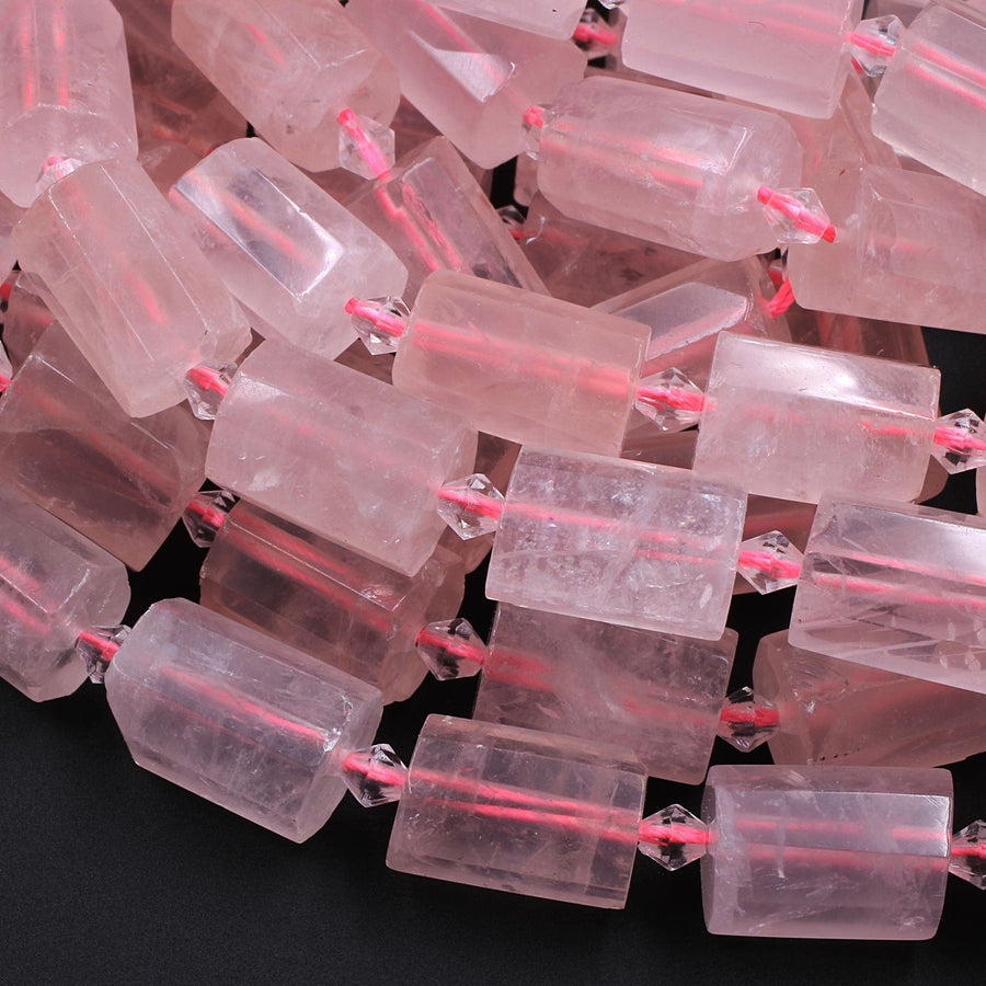 Large Faceted Natural Rose Quartz Tube Beads Soft Pink Gemstone Cylinder 16" Strand