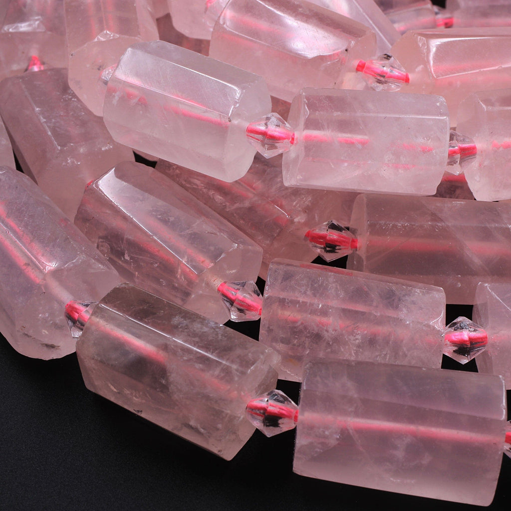 Large Faceted Natural Rose Quartz Tube Beads Soft Pink Gemstone Cylinder 16" Strand