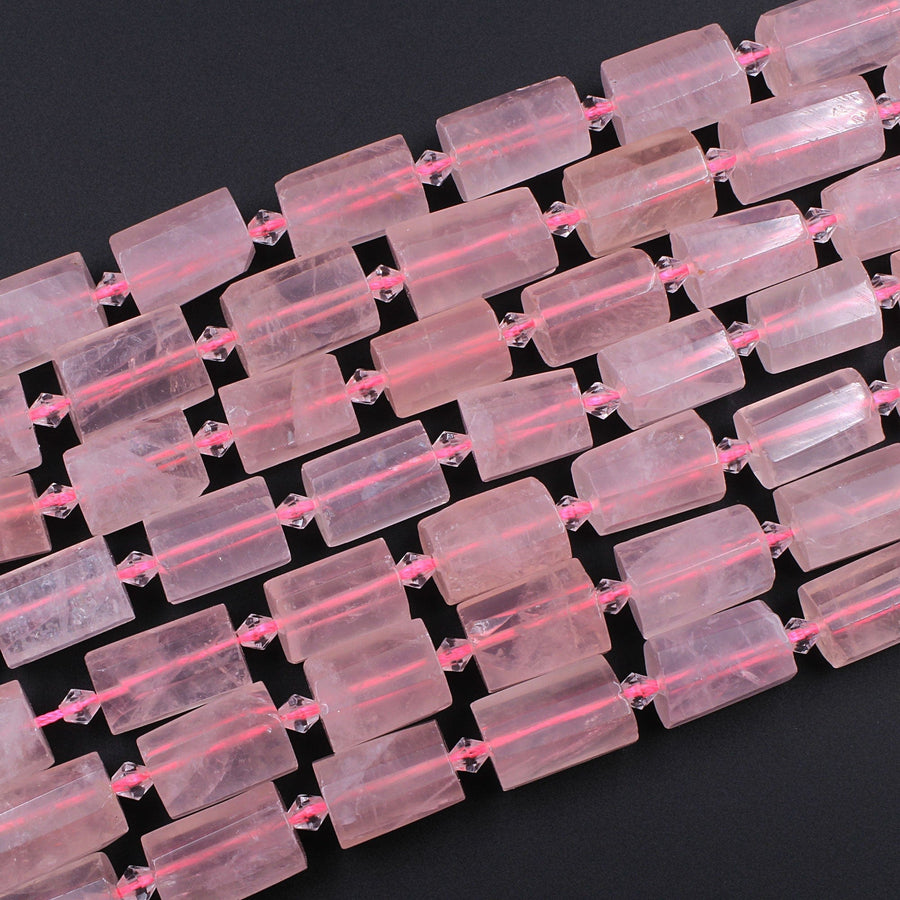 Large Faceted Natural Rose Quartz Tube Beads Soft Pink Gemstone Cylinder 16" Strand