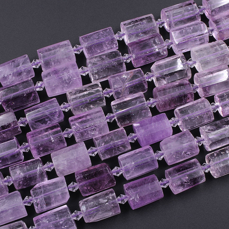 Large Faceted Natural Amethyst Tube Beads Extra Translucent Purple Amethyst Gemstone Cylinder 16" Strand