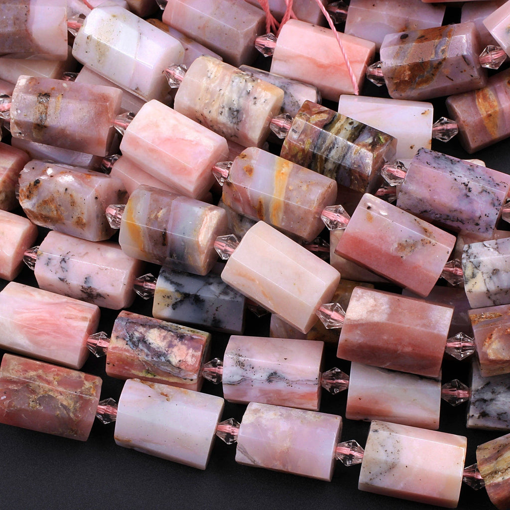 Large Faceted Peruvian Pink Opal Tube Beads Cylinder 16" Strand