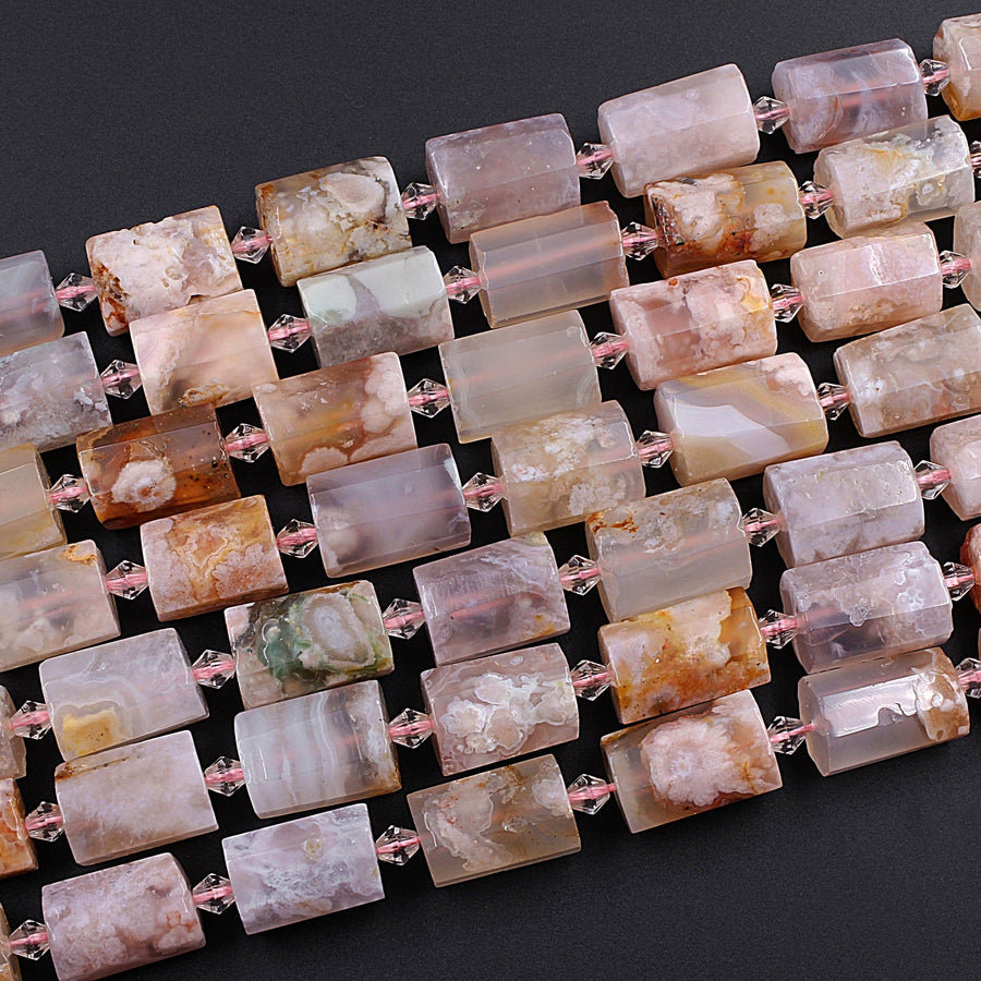 Large Faceted Cherry Blossom Agate Tube Cylinder Beads 15.5" Strand