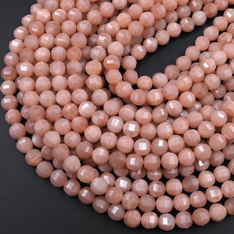 Lantern Faceted Natural Peach Moonstone 8mm Round Beads 16" Strand