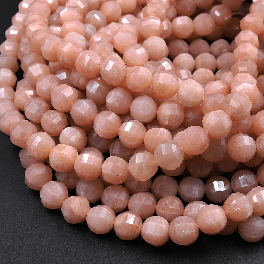 Lantern Faceted Natural Peach Moonstone 8mm Round Beads 15.5" Strand