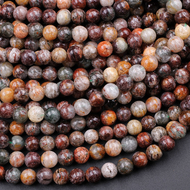Natural Phantom Quartz Beads Lodolite Beads 6mm 7mm  8mm Intense Red Green Yellow Brown Copper Bronze Minerals Matrix 16" Strand