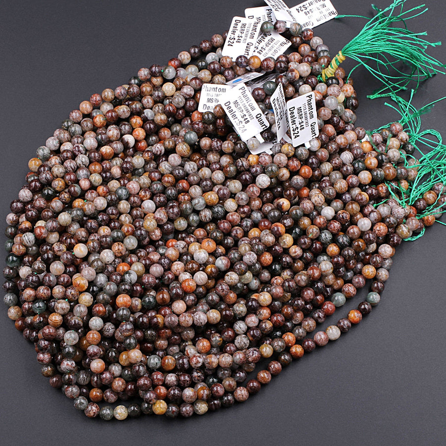 Natural Phantom Quartz Beads Lodolite Beads 6mm 7mm  8mm Intense Red Green Yellow Brown Copper Bronze Minerals Matrix 16" Strand