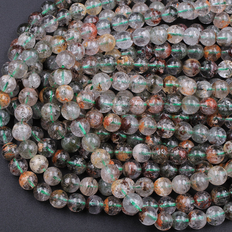 Natural Phantom Quartz Beads Lodolite Beads 6mm  8mm Red Green Yellow Brown Copper Bronze Minerals Matrix 15.5" Strand