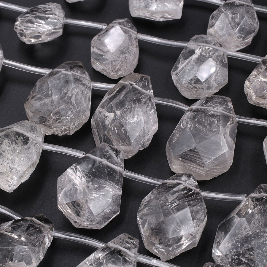 Natural Smoky Rock Quartz Freeform Teardrop Focal Pendant Top Side Drilled Clear Sparkling Gemstone Creative Designer Hand Cut 16" Strand