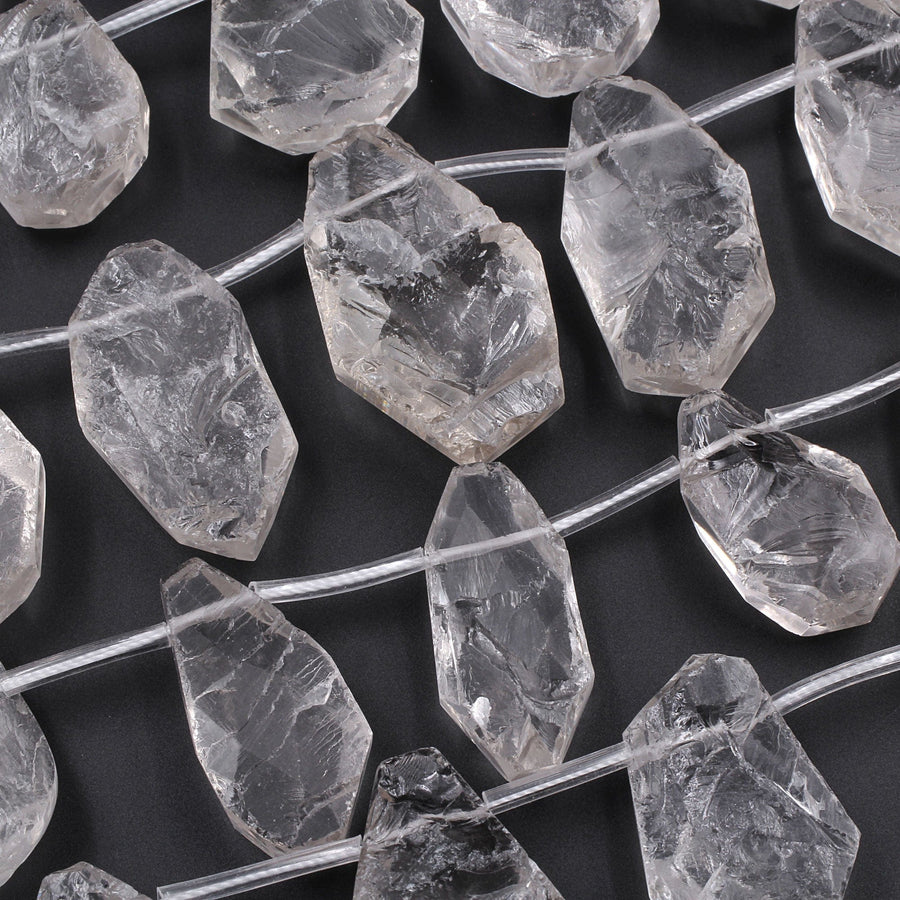 Natural Smoky Rock Quartz Freeform Teardrop Focal Pendant Top Side Drilled Clear Sparkling Gemstone Creative Designer Hand Cut 16" Strand