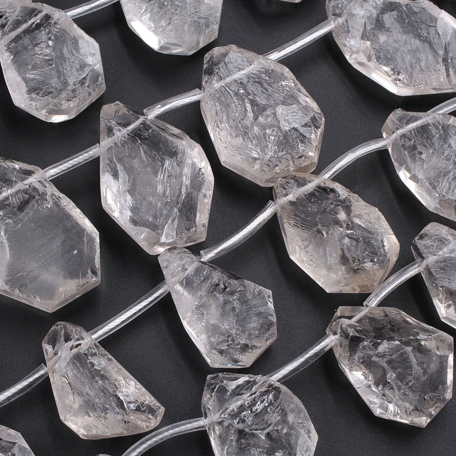 Natural Smoky Rock Quartz Freeform Teardrop Focal Pendant Top Side Drilled Clear Sparkling Gemstone Creative Designer Hand Cut 16" Strand