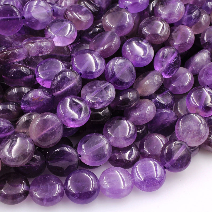 Natural Purple Amethyst Smooth Coin Beads 10mm 12mm 16" Strand