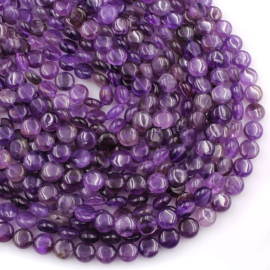 Natural Purple Amethyst Smooth Coin Beads 10mm 12mm 16" Strand