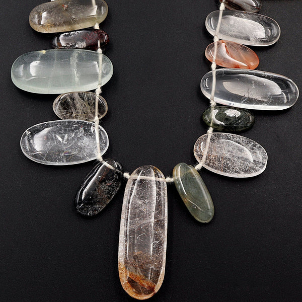 Natural Phantom Rutile Quartz Long Oval Focal Pendant Beads Top Side Drilled Natural Green Red Golden Quartz 16" Strand