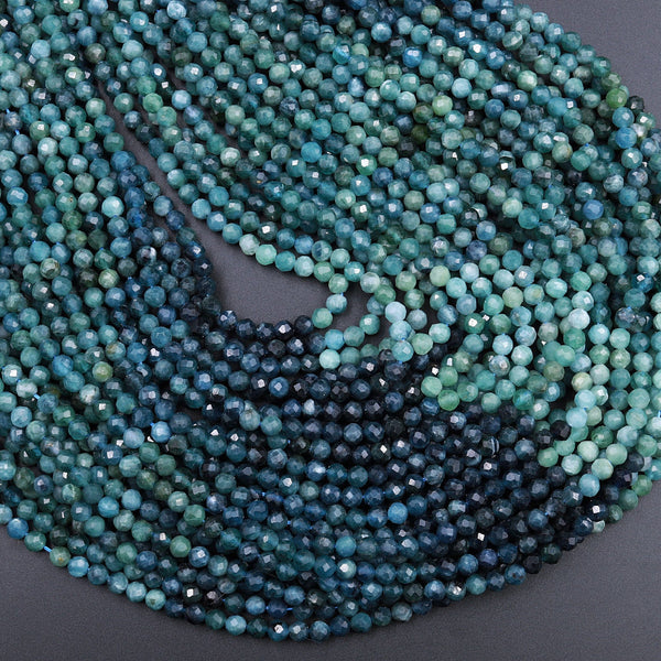 Natural Paraiba Blue Tourmaline Faceted 2mm 3mm 4mm 5mm Round Beads Diamond Cut Indicolite Gemstone 16" Strand