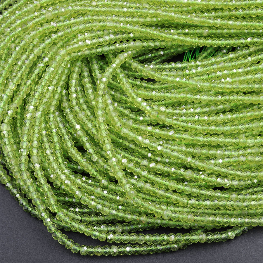 Stunning Natural Green Peridot 3mm 4mm Faceted Rondelle Beads Micro Laser Diamond Cut Real Genuine Peridot Gemstone 15.5" Strand