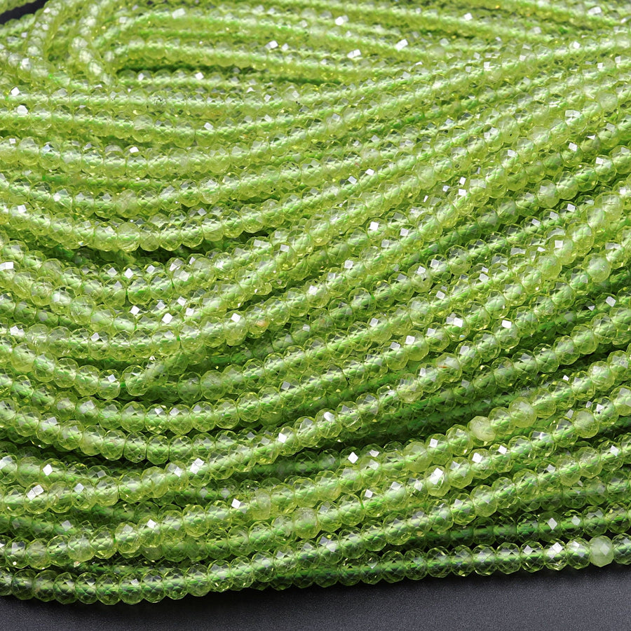 Stunning Natural Green Peridot 3mm 4mm Faceted Rondelle Beads Micro Laser Diamond Cut Real Genuine Peridot Gemstone 15.5" Strand