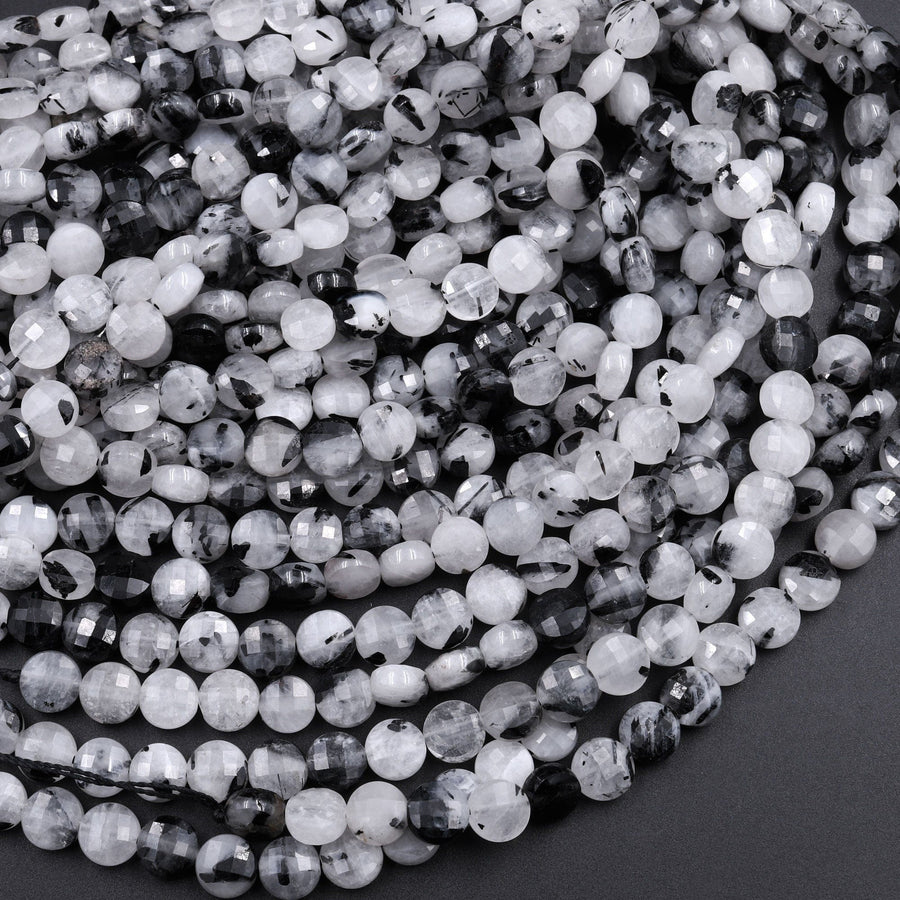 Faceted Black Tourmaline Rutilated Quartz Coin Beads 6mm 8mm 12mm 15.5" Strand