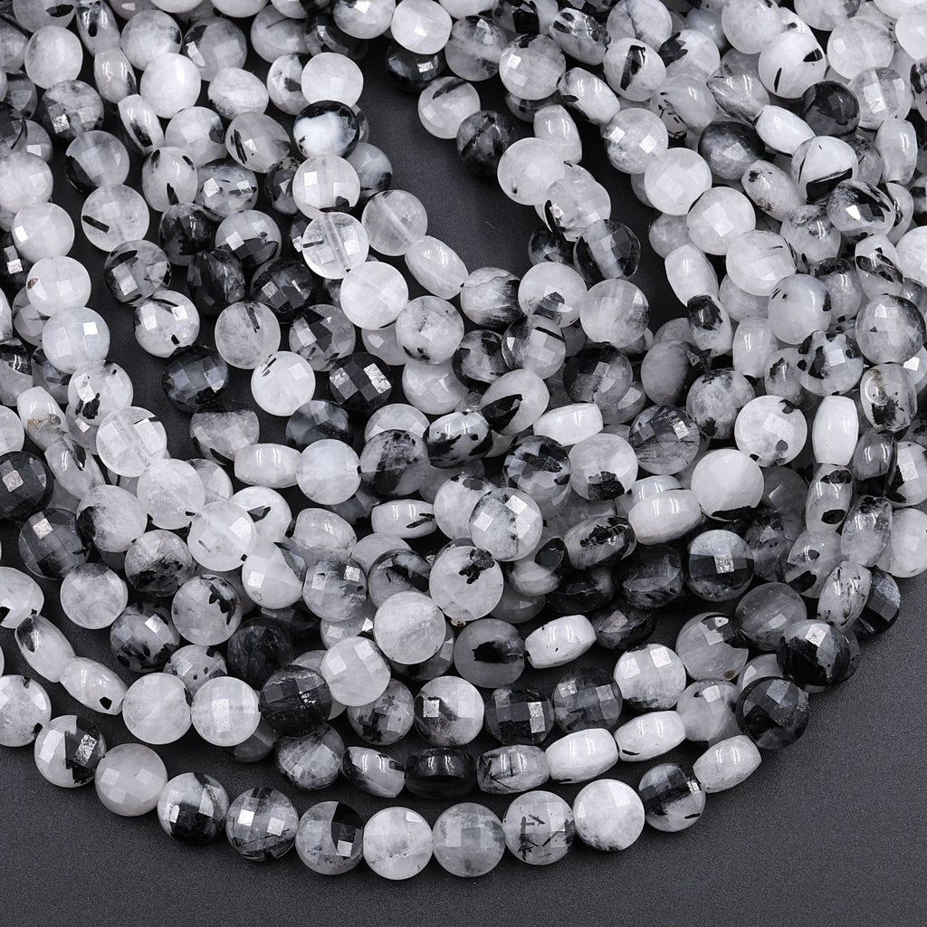 Faceted Black Tourmaline Rutilated Quartz Coin Beads 6mm 8mm 12mm 15.5" Strand