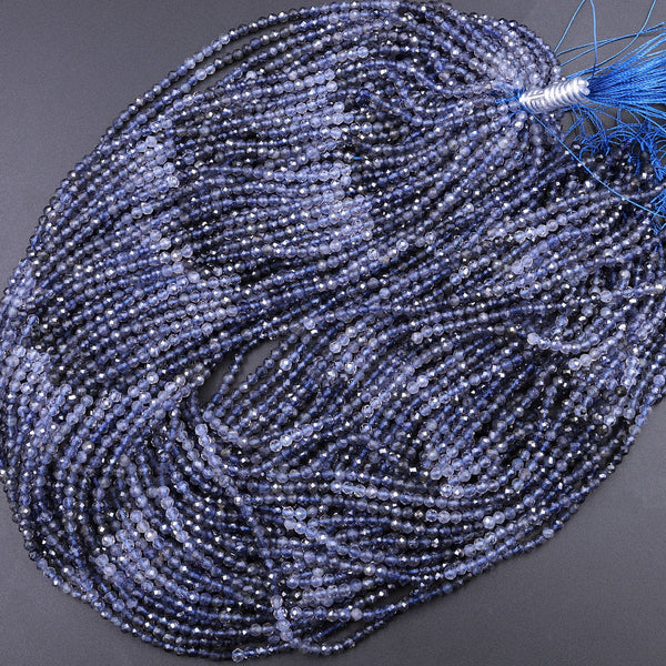 AAA Natural Blue Iolite Faceted 2mm 3mm Round Beads Ombre Gemstone 15.5" Strand