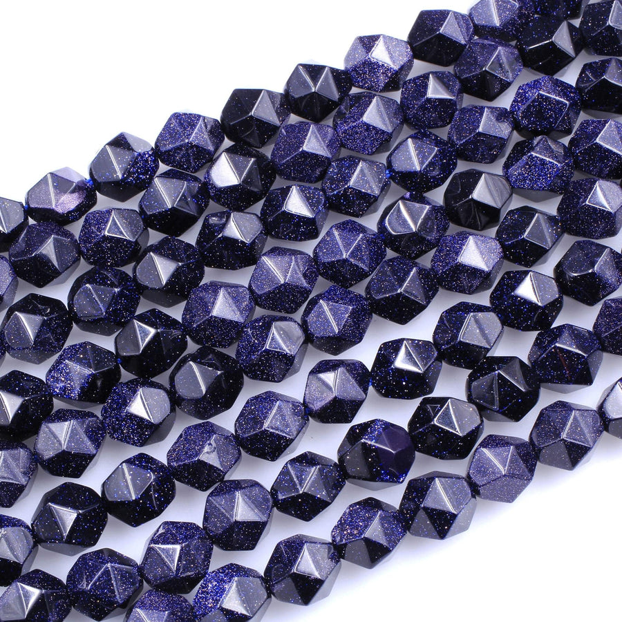 Star Cut Blue Goldstone Beads Faceted 8mm 10mm Rounded Nugget Sharp Facets 15" Strand