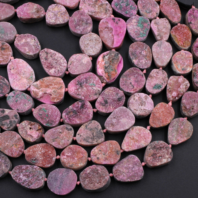 Rare Cobalto Calcite Druzy Bead Center Drilled Freeform Oval Raw Rough Nuggets 16" Strand