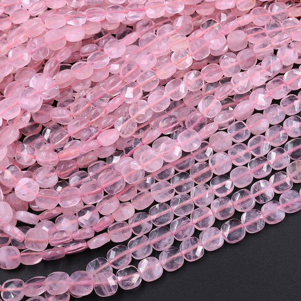 Natural Madagascar Pink Rose Quartz 6mm 8mm Faceted Cushion Square Beads 16" Strand