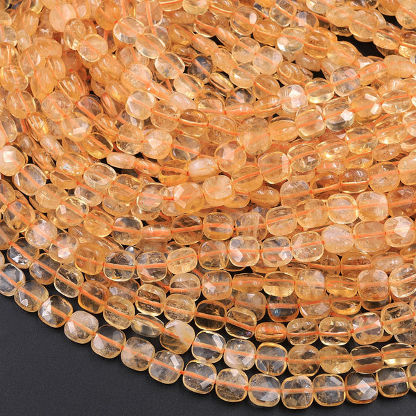 AAA Natural Citrine Faceted Cushion Square 6mm 8mm Beads 16" Strand