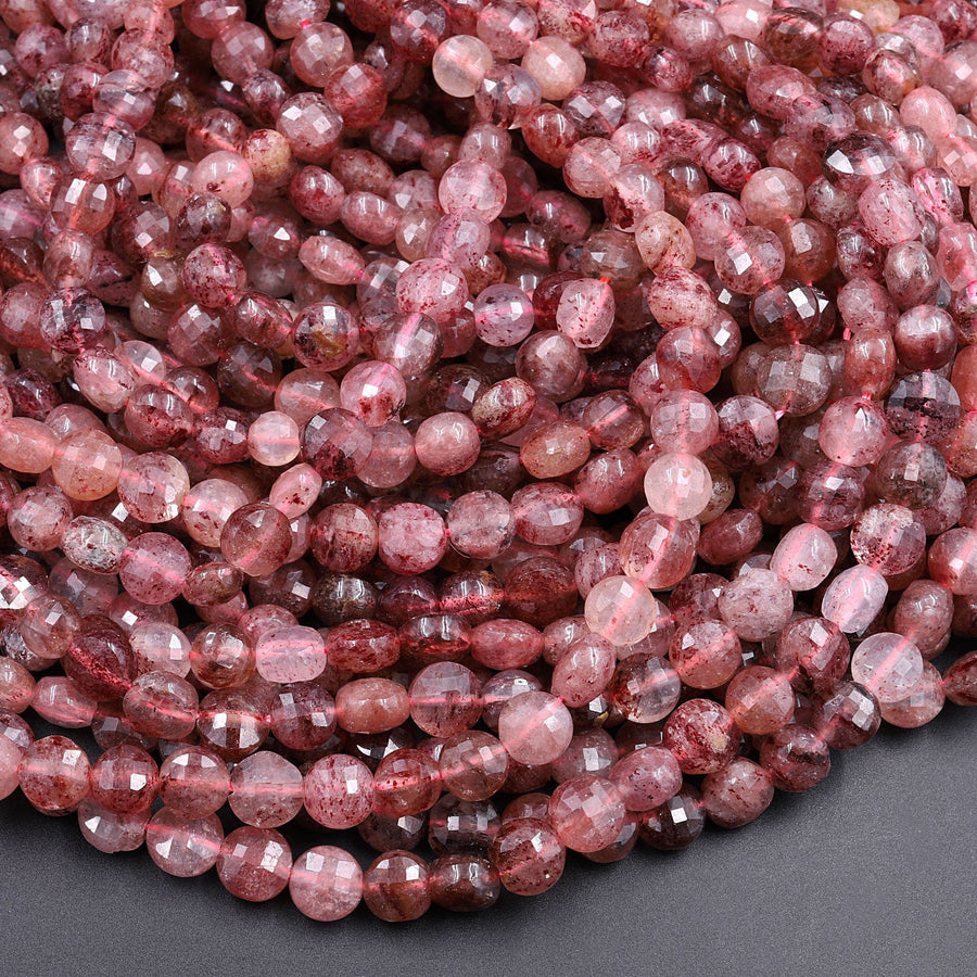Faceted 6mm Strawberry Quartz Coin Beads 16" Strand