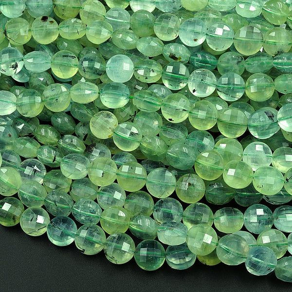 AAA Natural Green Prehnite Faceted Coin 6mm 8mm 10mm Beads 16" Strand