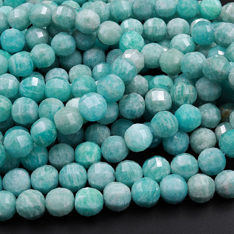 Geometric Lantern Faceted Natural Russian Amazonite 8mm Round Beads Sparkling Dazzling Facet Gemstone 16" Strand