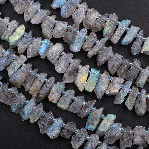 Organic Cut Rough Raw Unpolished Natural Labradorite Spike Beads 16" Strand
