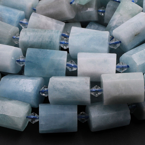 Faceted Natural Aquamarine Cylinder Tube Beads High Quality Blue Aquamarine Gemstone Full 16" Strand