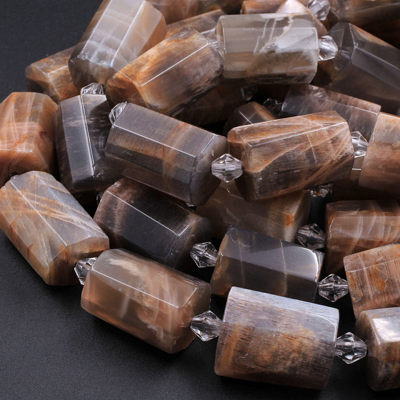 Large Dark Peach Moonstone Faceted Tube Cylinder Beads 16" Strand