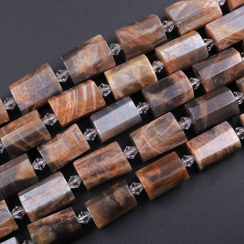 Large Dark Peach Moonstone Faceted Tube Cylinder Beads 16" Strand