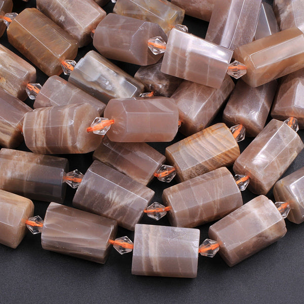 Large Peach Moonstone Faceted Tube Cylinder Beads 16" Strand