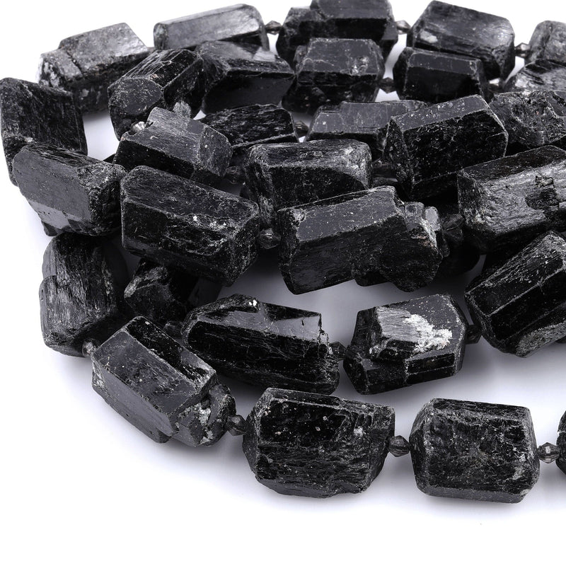 Natural Black Tourmaline Beads With Mica Large Raw Rough Free Form Nugget Black Crystal Focal Pendant Drilled Beads 16" Strand