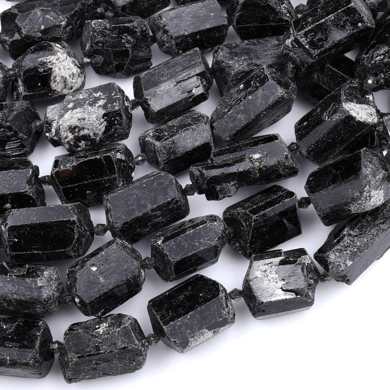 Natural Black Tourmaline Beads With Mica Large Raw Rough Free Form Nugget Black Crystal Focal Pendant Drilled Beads 16" Strand