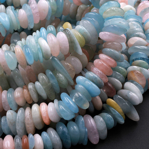 Multicolor Pink Blue Green Aquamarine Morganite Beryl Smooth Freeform Disc Chip Beads 16" Strand
