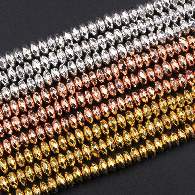 Natural Hematite Thin Faceted Rondelle Beads Electroplated Bright Silver Rose Gold 4mm 6mm 8mm 16" Strand