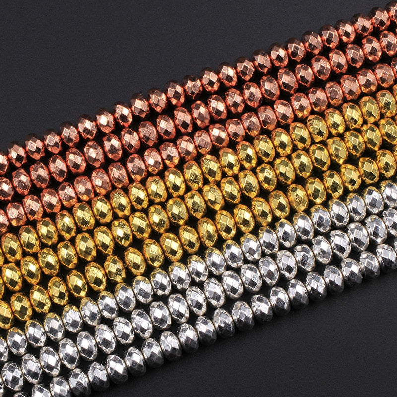 Titanium Hematite Faceted Rondelle Beads Electroplated Bright Silver Rose Gold 3mm 4mm 6mm 15.5" Strand
